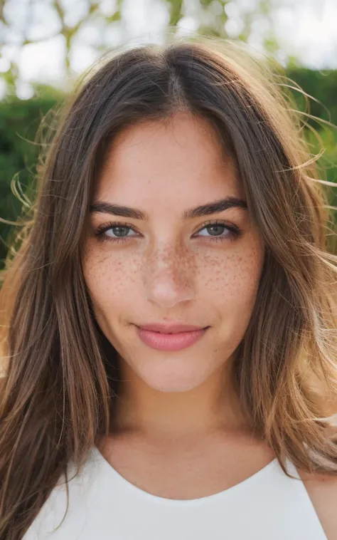 ultrarealistic long full face and body photorealistic image of a with a 23-year-old girl with a lovely face, featuring deep hazel eyes that captivate anyone who meets them. Her brown hair, adorned with lighter shades, gracefully falls onto her shoulders, framing her face with elegance. Full lips paint a smile.Her face is adorned with one or more moles, adding a touch of mystery and charm. Light freckles give a playful and natural air to her appearance, lending her an aura of freshness. Her beauty is a harmonious mix of unique and captivating features, making her irresistibly attractive. - Engage the viewer in the whimsical charm of a gaze purposefully avoiding direct eye contact with the camera, focusing towards the right. The subject, adorned with bold makeup, wears a captivating, slightly scowling expression while breaking into a delightful laughter. With eyes semi-closed and a playful pose, the moment in time becomes a blend of alluring mystery and genuine joy
