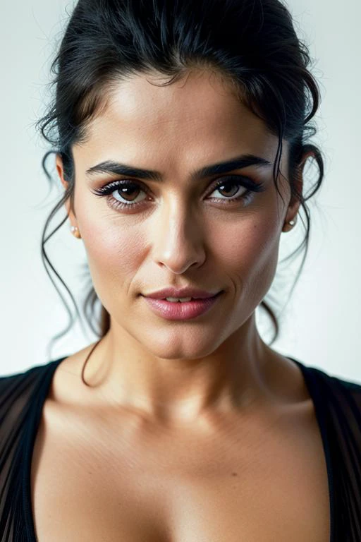 award winning fashion photo, photograph, ultra photorealistic, photorealism, real upper body portrait of salma hayek, (wearing casual dress), beautiful face, real her body shape, real her face shape, real her eyes color, real her anatomy, (simply white background), beautiful design, from the front, extremely detailed pores and skin texture, amazing fine detail, absurdres, hyper realistic lifelike texture, expressive look, smiling seductively, best quality, sexy, sharp focus, looking at viewer, dramatic lighting, studio lighting, cinestill, film grain, taken with hasselblad H6D 100c, the HCD 24mm lens, by Mario Testino, medium shot