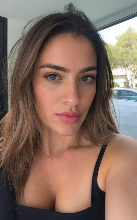photograph, cropped, upper body selfie photo of a cute 25yo girl, cleavage, photo grain, instagram, pouting