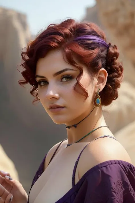 best quality photograph,high Detail RAW color Photo, Full Shot, front angle,stunning photo, hyper real photo of a (Italian woman:1.4), (Bottomless:1.5), wearing (dark purple haik:1.35 design by (Revitasun):1.3), amber eyes, (chubby figure), (red hair, very short hair, ringlets, half updo hair:1.25), (medium breasts:1.3), (Round sides breasts:1.2), (in the background (Caves of Maresha and Bet-Guvrin in the Judean Lowlands as a Microcosm of the Land of the Caves:1.1)), (photographed on a Contax G1/G2 Camera by Edward Corbett photographed:1.2), perfect face, seductive look, (detailed skin, diffused skin pores), (highly detailed, fine details, intricate), (lens flare:0.5), (bloom:0.5), smog, dust, (badlands:0.8), (observitory:0.7), raytracing, specular lighting, shallow depth of field, hard focus, smooth, cinematic film still,(intricate details, hyperdetailed:1.2)