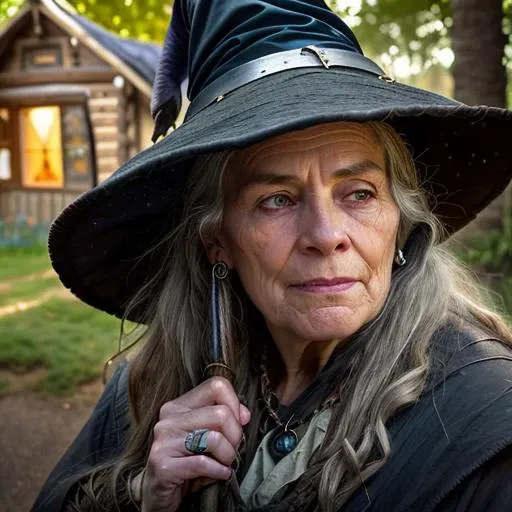 an old (witch:1.3) crone, wrinkled face, hair blowing in wind, (face focus:1.2), outside her (witch cottage:1.4) under trees, looking at viewer, realistic, masterpiece, highest quality, backlighting, (lens flare:1.1), (bloom:1.1), (chromatic aberration:1.1), by Jeremy Lipking, by Antonio J. Manzanedo