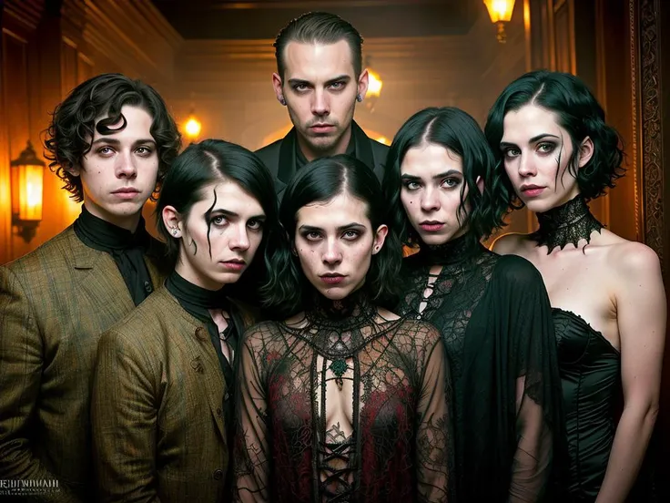 RAW photo, portrait of family of Cthulhu ancient gods, Eldritch horror, haunted gothic hotel, masterpiece, best quality, ((group of five brothers)), five creepy adults with short hair wearing macabre Halloween monster costumes, spooky makeup, (Spanish:0.2), different haircuts, different faces, different ages, fantasy coloring, merged character, with short hair, cinematic lighting, by (Carne Griffiths), (Artur Bordalo), highly detailed, framestore, pale hair, juno promotional image, beautiful faces, featured on cgsociety, digital art, cgsociety portrait, inspired by Brad Kunkle, 8k uhd, dslr, soft lighting, high quality, film grain, Fujifilm XT3, centered