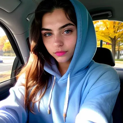 RAW photo, a 22-year-old-girl, upper body, selfie in a car, blue hoodie, inside a car, driving, lipstick, soft lighting, high quality, highres, sharp focus, extremely detailed, (sunlight on face), beautiful detailed eyes, masterpiece, cinematic lighting, dslr, Fujifilm XT3