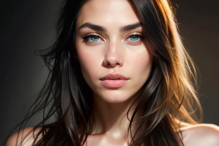 face of a model closeup, Madison Beer, headshot, long beautiful flowing ink like hair, smoky makeup, shining eyes, grey-gold-blue eyes, gold flecks, defined eyes, realistic eyes, doe eyes, beautiful perfect symmetrical face, extremely detailed, melancholy expression, painted by Tom Bagshaw and Eve Ventrue and Jeremy Lipking, ultra hd, hdr, 8k, cinematic, dramatic lighting, studio Portrait Lighting, illuminated face, 85mm, volumetric lighting, ray tracing reflections,