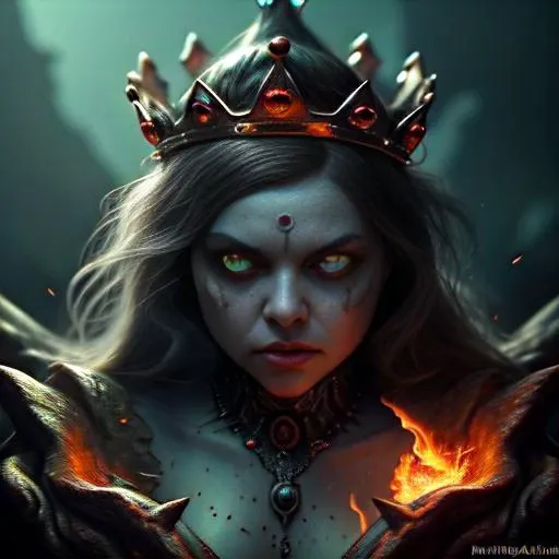 chromatic aberration, depth of field, soft lighting, masterpiece, best quality, intricate, tone mapped, highly detailed, artstation, concept art, smooth, sharp focus, dramatic lighting, highly detailed artwork, cinematic, hyper realistic painting, trending on Artstation, 8K, incredible shadows, realistic, (highly detailed background:1.0), a demon princess floating above the hordes of hell, she commands the army with her mighty trumpet, she wears a crown covered in lava, her glowing red eyes are on fire