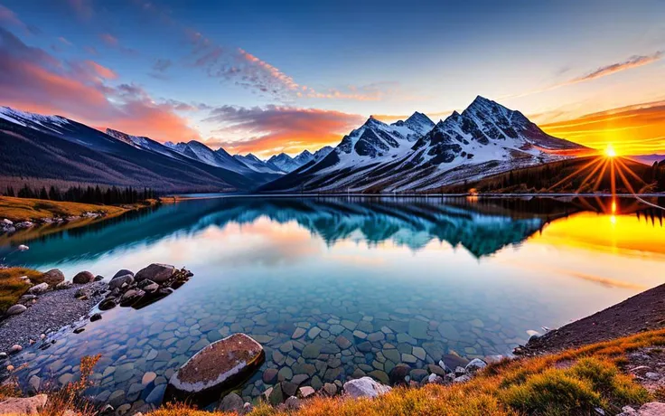 sunset on mountain, lake under montain