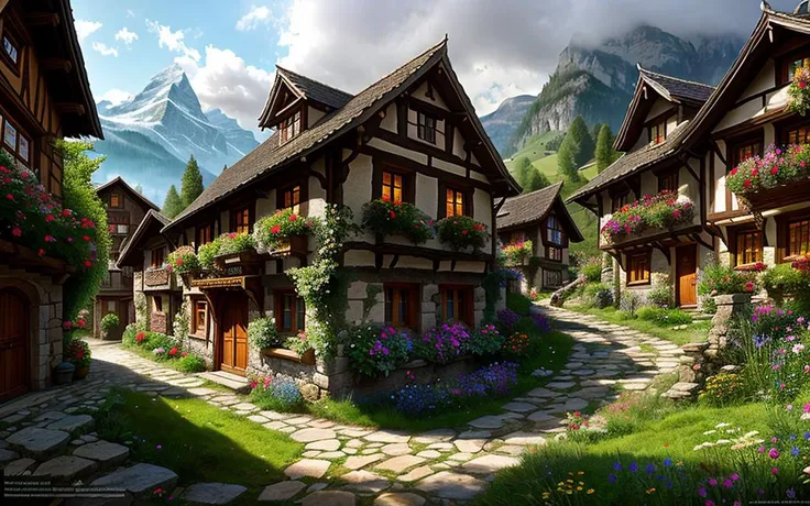 the hobbit, tolkien, a medieval village in switzerland, ornate, beautiful, atmosphere, vibe, flowers, concept art illustration, greg rutowski, volumetric lighting, sunbeams, particles