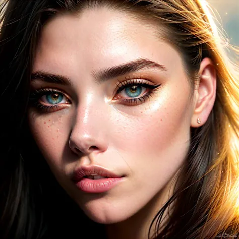face of a model closeup, Madison Beer, headshot, long beautiful flowing ink like hair, smoky makeup, shining eyes, grey-gold-blue eyes, gold flecks, defined eyes, realistic eyes, doe eyes, beautiful perfect symmetrical face, extremely detailed, melancholy expression, painted by Tom Bagshaw and Eve Ventrue and Jeremy Lipking, ultra hd, hdr, 8k, cinematic, dramatic lighting, studio Portrait Lighting, illuminated face, 85mm, volumetric lighting, ray tracing reflections