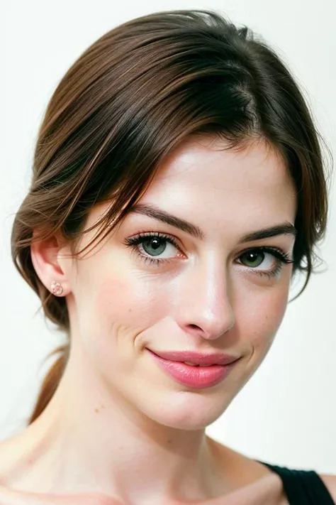 award winning fashion photo, photograph, ultra photorealistic, photorealism, real upper body portrait of anne hathaway, (wearing casual dress), beautiful face, real her body shape, real her face shape, real her eyes color, real her anatomy, (simply white background), beautiful design, from the front, extremely detailed pores and skin texture, amazing fine detail, absurdres, hyper realistic lifelike texture, expressive look, smiling seductively, best quality, sexy, sharp focus, looking at viewer, dramatic lighting, studio lighting, cinestill, film grain, taken with hasselblad H6D 100c, the HCD 24mm lens, by Mario Testino, medium shot