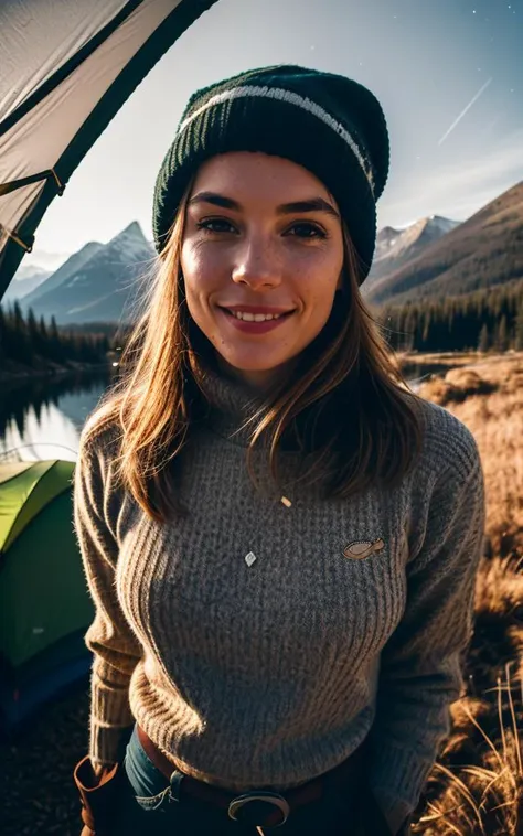 1 woman ((upper body selfie, happy)), masterpiece, best quality, ultra-detailed, solo, outdoors, (night), mountains, nature, (stars, moon) cheerful, happy, backpack, sleeping bag, camping stove, water bottle, mountain boots, gloves, sweater, hat, flashlight, forest, rocks, river, wood, smoke, shadows, contrast, clear sky, analog style (look at viewer:1.2) (skin texture) (film grain:1.3), (warm hue, warm tone:1.2), close up, cinematic light, sidelighting, ultra high res, best shadow, RAW, upper body, wearing pullover