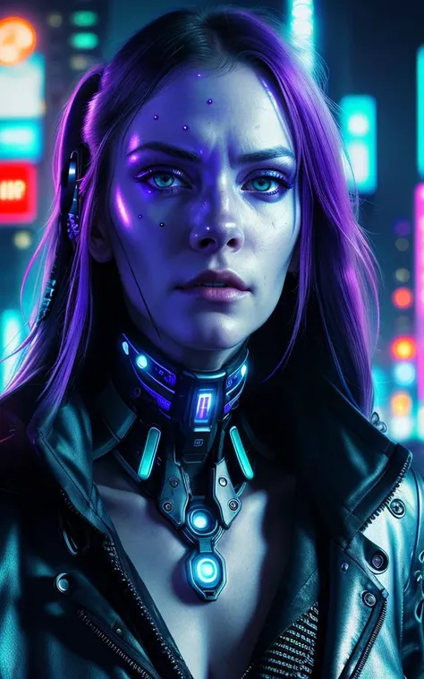 Hyper-realistic close up portrait of a (cyberpunk woman), ((female)), (albino) skin, detailed (one striking blue human eye and one cybernetic glowing eye), rugged, adaptive, (half human face, half cybernetic enhancements seamlessly integrated), (futuristic neon-lit cityscape reflecting in the cybernetic eye), with a detailed enigmatic face, full body, (fashionable and functional cyberpunk attire), regal, elegant, realistic, hyper realistic, highly detailed, depth of field, Detailed and Intricate, Photo, HD, Cinematic, Dynamic Lighting, (bokeh), ((beautiful)), lens flare, (god rays:1.1), (cinema effect), gradient colour progression, cinematic film grain, (subsurface scattering),((detailed face and eyes)), (detailed iris:1.3)