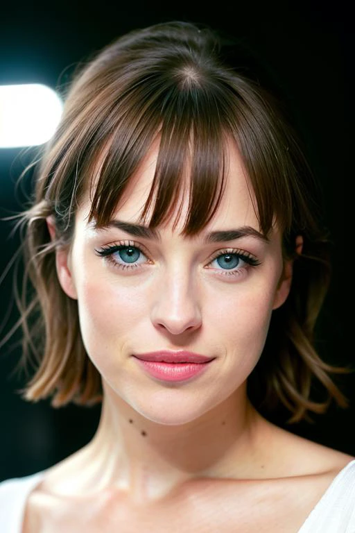 award winning fashion photo, photograph, ultra photorealistic, photorealism, real upper body portrait of Dakota Johnson, (wearing casual dress), beautiful face, real her body shape, real her face shape, real her eyes color, real her anatomy, (simply white background), beautiful design, from the front, extremely detailed pores and skin texture, amazing fine detail, absurdres, hyper realistic lifelike texture, expressive look, smiling seductively, best quality, sexy, sharp focus, looking at viewer, dramatic lighting, studio lighting, cinestill, film grain, taken with hasselblad H6D 100c, the HCD 24mm lens, by Mario Testino, medium shot