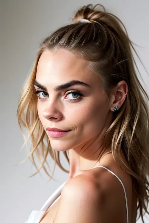 award winning fashion photo, photograph, ultra photorealistic, photorealism, real upper body portrait of Cara Delevingne, (wearing casual dress), beautiful face, real her body shape, real her face shape, real her eyes color, real her anatomy, (simply white background), beautiful design, from the front, extremely detailed pores and skin texture, amazing fine detail, absurdres, hyper realistic lifelike texture, expressive look, smiling seductively, best quality, sexy, sharp focus, looking at viewer, dramatic lighting, studio lighting, cinestill, film grain, taken with hasselblad H6D 100c, the HCD 24mm lens, by Mario Testino, medium shot