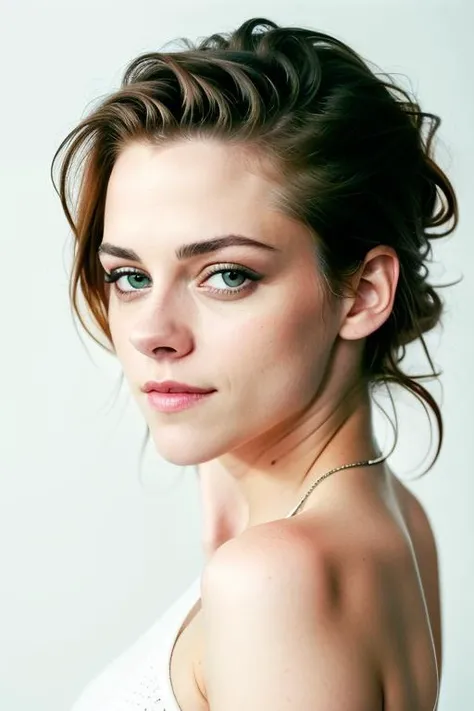 award winning fashion photo, photograph, ultra photorealistic, photorealism, real upper body portrait of Kristen Stewart, (wearing casual dress), beautiful face, real her body shape, real her face shape, real her eyes color, real her anatomy, (simply white background), beautiful design, from the front, extremely detailed pores and skin texture, amazing fine detail, absurdres, hyper realistic lifelike texture, expressive look, smiling seductively, best quality, sexy, sharp focus, looking at viewer, dramatic lighting, studio lighting, cinestill, film grain, taken with hasselblad H6D 100c, the HCD 24mm lens, by Mario Testino, medium shot