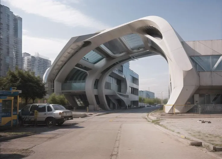 futuristic Metro Station Entrance in style of zahahadid, large buildings russianebenya, yard, sun, movie still, analog photo, lomo, 30mm lens, masterpiece, best quality, (film grain:1.1), ultra high res, RAW <lora:russianebenya_v2:0.8> <lora:zahahadid:0.4>