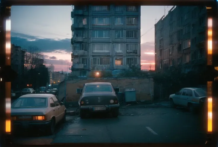 view from window, yard with large buildings, russianebenya, sunset, cars parked, movie still, 30mm lens, polaroid, analog photo, vhs, lomo, masterpiece, best quality, (film grain:1.1), ultra high res, RAW <lora:russianebenya_v2:0.8>