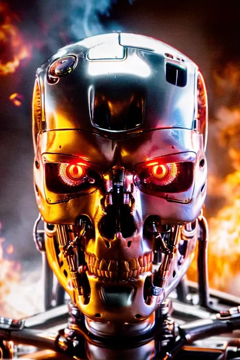 <lora:T800Endoskeleton-10:0.8>, (RAW photo, real life, absurdres, high quality, photorealistic, detailed, realistic:1.3), (solo:1.3), ((closeup head shot)), a high resolution photo of a T800Endoskeleton robot with red eyes and metal skull face and chrome metal body, eyes looking towards camera, on fire, flames, smoke and dark background, cinematic, atmospheric, 8k, realistic lighting, shot by Hassleblad H6D, Zeiss, Kodachrome, nikon, 50mm 1.2 lens, Octane Render, ultra realistic, realistic lighting, photorealistic, photorealism, photoreal, unreal engine 5, Adobe After FX, highly detailed, intricate detail