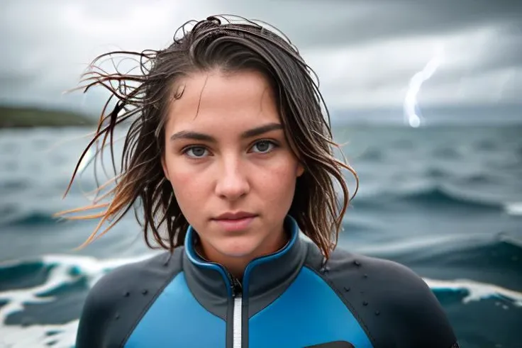 intricate detail and quality RAW analog style photograph of a female in the middle of the sea,
wearing a blue and gray wetsuit, ((wet hair)), ultra sharp focus on female,
overcast sky, lightning storm,
shot with Nikon D6, wide aperture, 200mm lens