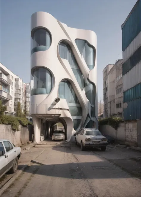 futuristic garage in style of zahahadid, large buildings russianebenya, yard, sun, movie still, analog photo, lomo, 30mm lens, masterpiece, best quality, (film grain:1.1), ultra high res, RAW <lora:russianebenya_v2:0.8> <lora:zahahadid:0.6>