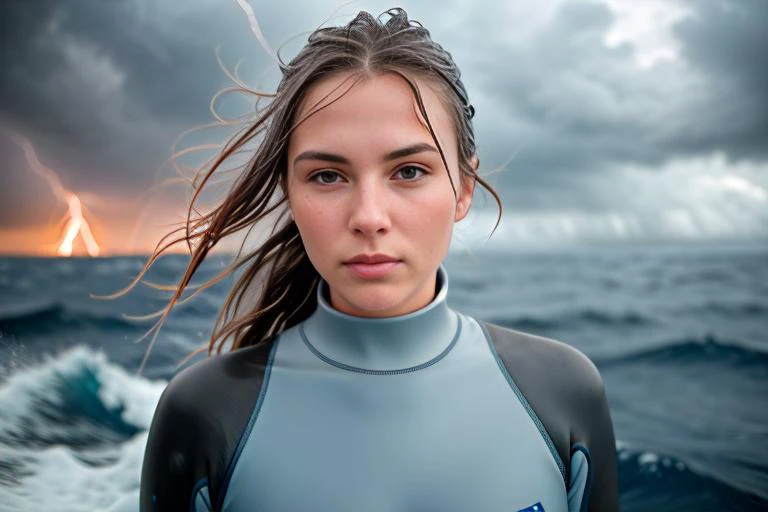 intricate detail and quality RAW analog style photograph of a female in the middle of the sea,
wearing a blue and gray wetsuit,
ultra sharp focus on female,
award winning portrait photography,
sharp focus on (wet hair),
overcast sky,
lightning storm,
shot with Nikon D6 camera 200mm f/3.5 lens, realistic natural raytracing