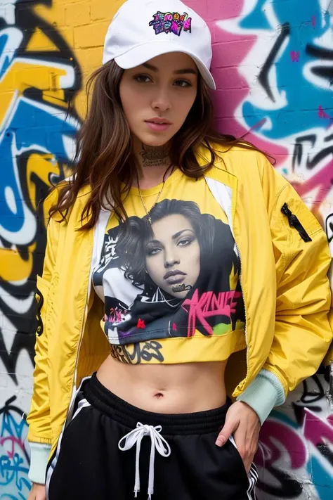 (masterpiece), (best quality:1.4), absurdres, [:intricate details:0.2], (beautiful detailed face:1.4), (crop top), long wavy hair, yellow eyes, (graphic white t-shirt), oversized jogger pants, (varsity jacket:1.3), Lean against the wall, (backstreet), (graffiti on the wall:1.2), (hiphop), (ball cap:1.2), hands in jacket, (upper body only), (navel tattoo), (feminine)