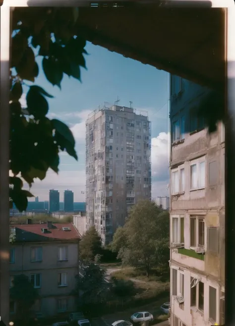 view from window, yard with large buildings, russianebenya, sunny day, trees and bushes, movie still, 80mm lens, polaroid, analog photo, vhs, masterpiece, best quality, (film grain:1.1), ultra high res, RAW <lora:russianebenya_v2:0.8>
