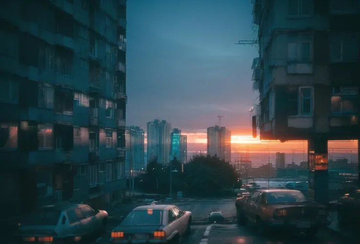 view from window, yard with large buildings, russianebenya, sunset, cars parked, still, (cyberpunk), neon lights, 90mm lens, analog photo, vhs, lomo, masterpiece, best quality, (film grain:1.1), ultra high res, RAW <lora:russianebenya_v2:0.8>