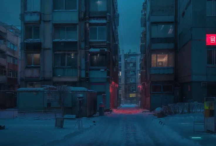 ground view, (cyberpunk) street with large buildings, russianebenya, dark evening, night, snow, movie still, (neon lights), 90mm lens, vhs, bladerunner style, masterpiece, best quality, (film grain:1.1), ultra high res, RAW <lora:russianebenya_v2:0.8>