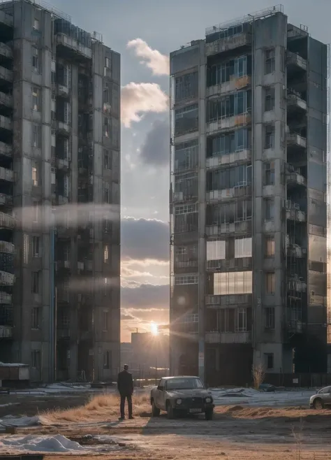 man at yard with large panel buildings, russianebenya, cyberpunk, sunny day, movie still, 80mm lens, masterpiece, best quality, (film grain:1.1), ultra high res, RAW <lora:russianebenya_v2:0.8>