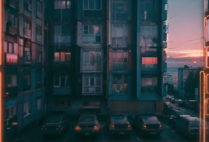 view from window, yard with large buildings, russianebenya, sunset, cars parked, movie still, cyberpunk, neon lights, 90mm lens, analog photo, vhs, lomo, masterpiece, best quality, (film grain:1.1), ultra high res, RAW <lora:russianebenya_v2:0.8>