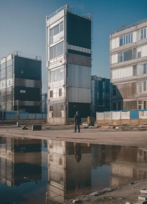 man at yard with large panel houses, russianebenya, cyberpunk, sunny day, still, 80mm lens, masterpiece, best quality, (film grain:1.1), ultra high res, RAW <lora:russianebenya_v2:0.8>