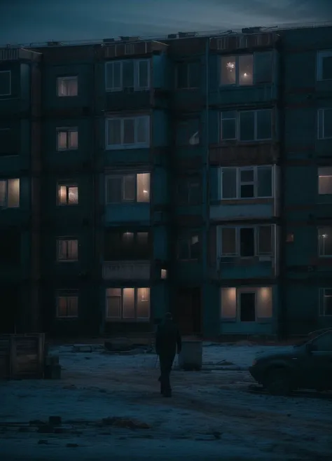 man at yard with large panel houses, russianebenya, cyberpunk, dark evening, movie still, 80mm lens, masterpiece, best quality, (film grain:1.1), ultra high res, RAW <lora:russianebenya_v2:0.8>