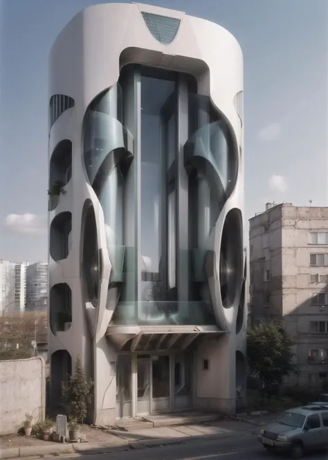 futuristic tower in style of zahahadid, large buildings russianebenya, yard, sun, movie still, analog photo, lomo, 90mm lens, masterpiece, best quality, (film grain:1.1), ultra high res, RAW <lora:russianebenya_v2:0.8> <lora:zahahadid:0.6>