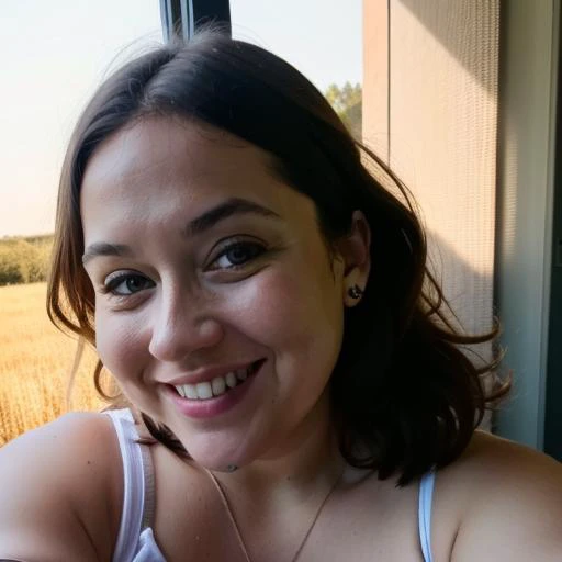 (wide angle:1.2), (chubby:1.25), double chin, 1 woman, ((upper body selfie, happy)), masterpiece, best quality, ultra-detailed, smiling, tank top, analog style (look at viewer:1.2) (skin texture) (film grain:1.3), (warm hue, warm tone), close up, cinematic light, sidelighting, ultra high res, best shadow, RAW, (best quality), (masterpiece:1.2), 4k ,(ultra detailed:1.2)