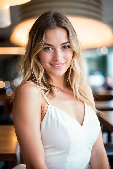 cute beautiful blonde wearing a tight white evening dress (sitting inside a modern restaurant at night), very detailed, 21 years old, innocent face, natural wave hair, blue eyes, high-res, masterpiece, best quality, intricate details, highly detailed, sharp focus, detailed skin, realistic skin texture, texture, detailed eyes, professional, 4k, charmer smile, shot on Canon, 85mm,shallow depth of field, Kodak vision color, perfect fit body, extremely detailed, photo_\(ultra\), photorealistic, realistic, post-processing, max detail, roughness, real life, ultra realistic, photorealism, photography, 8k uhd, photography
(film grain)
medium shot to close up shot
happy smiling
atmospheric dark lighting