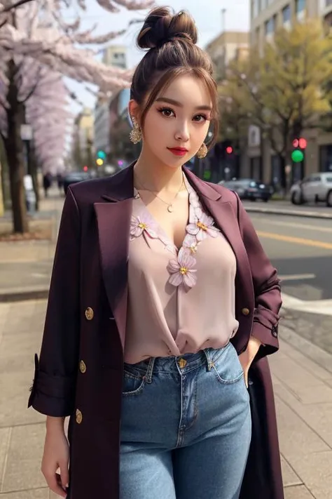(RAW photo, best quality), (photorealistic:1.3), masterpiece, an extremely delicate and beautiful, extremely detailed CG unity 8k wallpaper, huge filesize, perfect-detailed, highres, absurdres, soft lighting, soft contras, 1girl, mature woman, glamour, pretty, (messy bun hairstyle:1.4), ornament hair, rounded eyebrow, cat eyelash, pine green eyeballs, (floral chiffon blouse, long coat blazer:1.2), skinny jeans, big breasts, (thick body), bottom hourglass, wide hips, thick thighs, perfect woman body, flower crystal earrings, crystal necklace, standing, outdoors, clear sky, sakura trees, beautiful detailed girl, detailed fingers, perfect detailed eyes and face, beautiful detailed nose, symmetrical head, sharp focus, cinematic look, (full body, (medium full shot)), looking at viewer, <lora:JapaneseDollLikeness_v15:0.4> (ulzzang-6500-v1.1:0.8)