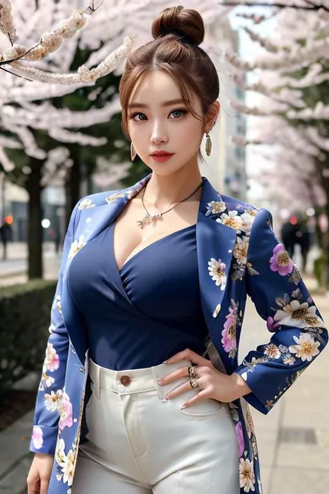 (RAW photo, best quality), (photorealistic:1.3), masterpiece, an extremely delicate and beautiful, extremely detailed CG unity 8k wallpaper, huge filesize, highly detailed, highres, absurdres, soft cinematic lighting, soft contras, 1girl, mature woman, glamour, pretty smile, natural skin, (messy twin bun hairstyle:1.4), ornament hair, rounded eyebrow, cat eyelash, pine green eyeballs, eyeliner, (floral chiffon blouse, blue long coat blazer:1.3), skinny jeans, big breasts, (thick body:1.2), bottom hourglass, wide hips, thick thighs, perfect woman body, crystal earrings, crystal necklace, standing, outdoors, clear sky, sakura trees, beautiful detailed girl, detailed fingers, perfect detailed eyes and face, beautiful detailed nose, symmetrical head, sharp focus, cinematic look, (full body, (medium full shot)), looking at viewer, <lora:JapaneseDollLikeness_v15:0.4> (ulzzang-6500-v1.1:0.8)