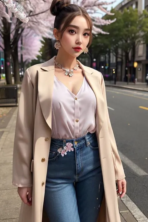 (RAW photo, best quality), (photorealistic:1.3), masterpiece, an extremely delicate and beautiful, extremely detailed CG unity 8k wallpaper, huge filesize, perfect-detailed, highres, absurdres, soft lighting, soft contras, 1girl, mature woman, glamour, pretty, (messy bun hairstyle:1.4), ornament hair, rounded eyebrow, cat eyelash, pine green eyeballs, (floral chiffon blouse, long coat blazer:1.2), skinny jeans, big breasts, (thick body), bottom hourglass, wide hips, thick thighs, perfect woman body, flower crystal earrings, crystal necklace, standing, outdoors, clear sky, sakura trees, beautiful detailed girl, detailed fingers, perfect detailed eyes and face, beautiful detailed nose, symmetrical head, sharp focus, cinematic look, (full body, (medium full shot)), looking at viewer, <lora:JapaneseDollLikeness_v15:0.4> (ulzzang-6500-v1.1:0.8)