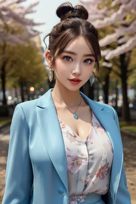 (RAW photo, best quality), (photorealistic:1.3), masterpiece, an extremely delicate and beautiful, extremely detailed CG unity 8k wallpaper, huge filesize, highly detailed, highres, absurdres, soft cinematic lighting, soft contras, 1girl, mature woman, glamour, pretty smile, natural skin, (messy twin bun hairstyle:1.4), ornament hair, rounded eyebrow, cat eyelash, pine green eyeballs, eyeliner, (floral chiffon blouse, blue long coat blazer:1.3), skinny jeans, big breasts, (thick body:1.2), bottom hourglass, wide hips, thick thighs, perfect woman body, crystal earrings, crystal necklace, standing, outdoors, clear sky, sakura trees, beautiful detailed girl, detailed fingers, perfect detailed eyes and face, beautiful detailed nose, symmetrical head, sharp focus, cinematic look, (full body, (medium full shot)), looking at viewer, <lora:JapaneseDollLikeness_v15:0.4> (ulzzang-6500-v1.1:0.8)