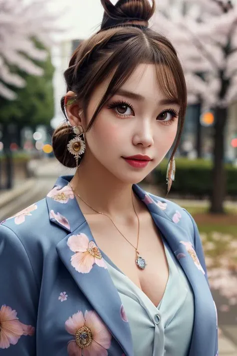 (RAW photo, best quality), (photorealistic:1.3), masterpiece, an extremely delicate and beautiful, extremely detailed CG unity 8k wallpaper, huge filesize, highly detailed, highres, absurdres, soft cinematic lighting, soft contras, 1girl, mature woman, glamour, pretty smile, natural skin, (messy twin bun hairstyle:1.4), ornament hair, rounded eyebrow, cat eyelash, pine green eyeballs, eyeliner, (floral chiffon blouse, blue long coat blazer:1.3), skinny jeans, big breasts, (thick body:1.2), bottom hourglass, wide hips, thick thighs, perfect woman body, crystal earrings, crystal necklace, standing, outdoors, clear sky, sakura trees, beautiful detailed girl, detailed fingers, perfect detailed eyes and face, beautiful detailed nose, symmetrical head, sharp focus, cinematic look, (full body, (medium full shot)), looking at viewer, <lora:JapaneseDollLikeness_v15:0.4> (ulzzang-6500-v1.1:0.8)