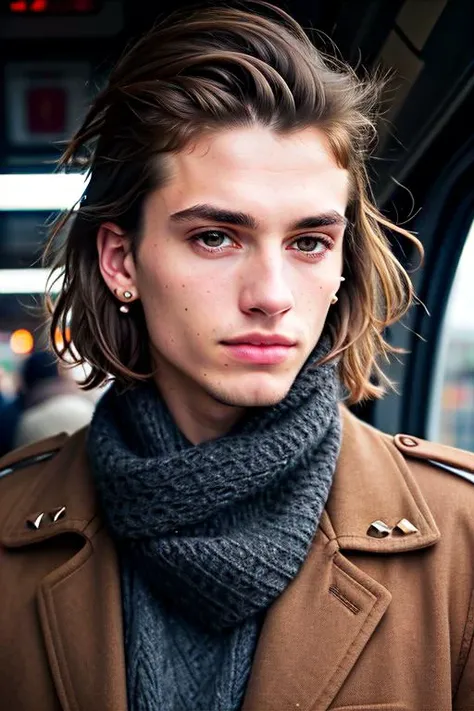 best quality, ultra photorealistic, photorealism, 8k, photograph, photo of a young man, jacket, ear studs, gray scarf, sweater, short windswept light brown hair, fit, beautiful, (effeminate), (shaved), eyeliner, standing in a train station, background is a crowded street, overcast, artificial lights, detailed face and eyes, highly detailed skin, 8k uhd, sharp focus, professional, best quality