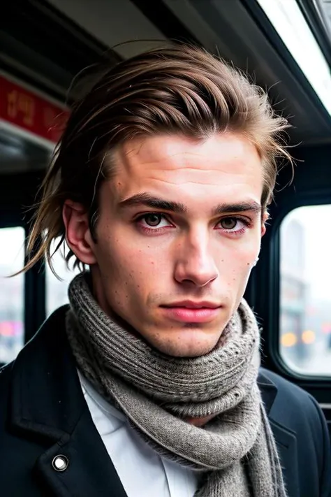 best quality, ultra photorealistic, photorealism, 8k, photograph, photo of a young man, jacket, ear studs, gray scarf, sweater, short windswept light brown hair, fit, beautiful, (effeminate), (shaved), eyeliner, standing in a train station, background is a crowded street, overcast, artificial lights, detailed face and eyes, highly detailed skin, 8k uhd, sharp focus, professional, best quality