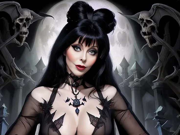 a photo of Cassandra Peterson as Elvira Mistress of the Dark, (ElviraMistress:1.0), in Transylvania, Transylvania castle, deep night, full moon, graveyard, cemetery, tomb stones, skulls, bones, creepy fog, flying bat, detailed eyes, detailed makeup (ElviraMistress), detailed face, intricate details, HDR, raytracing