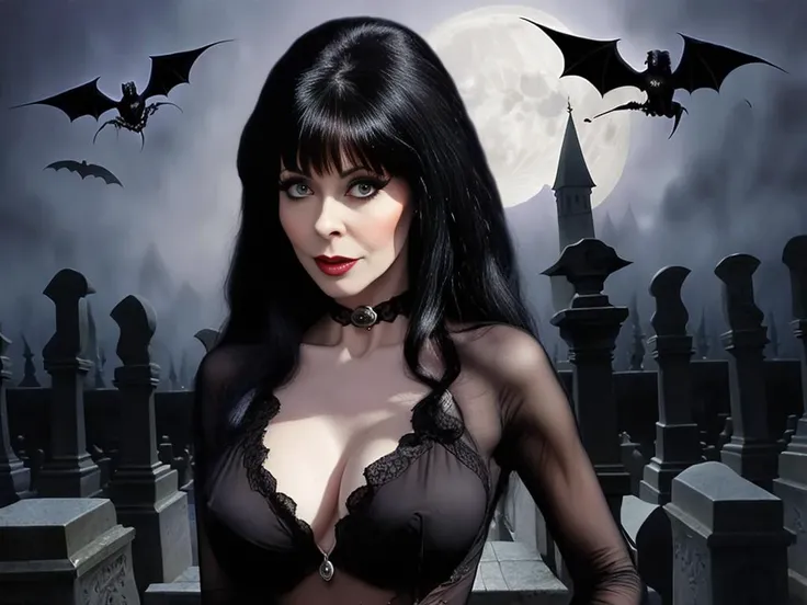 a photo of Cassandra Peterson as Elvira Mistress of the Dark, (ElviraMistress:1.0), in Transylvania, Transylvania castle, deep night, full moon, graveyard, cemetery, tomb stones, skulls, bones, creepy fog, flying bat, detailed eyes, detailed makeup (ElviraMistress), detailed face, intricate details, HDR, raytracing