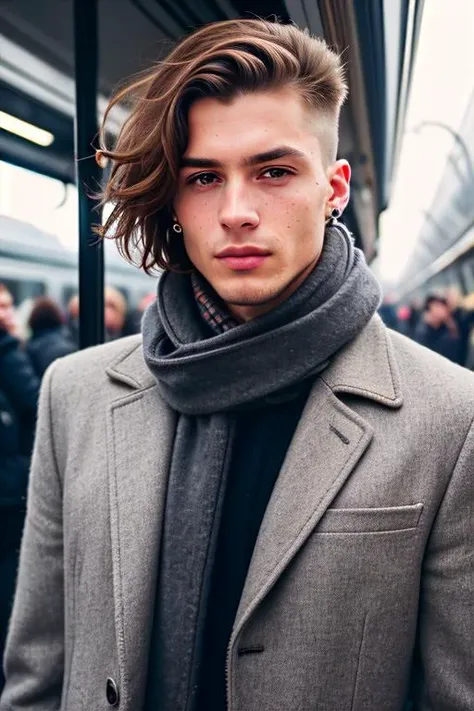 best quality, ultra photorealistic, photorealism, 8k, photograph, photo of a young man, jacket, ear studs, gray scarf, sweater, short windswept light brown hair, fit, beautiful, (effeminate), (shaved), eyeliner, standing in a train station, background is a crowded street, overcast, artificial lights, detailed face and eyes, highly detailed skin, 8k uhd, sharp focus, professional, best quality