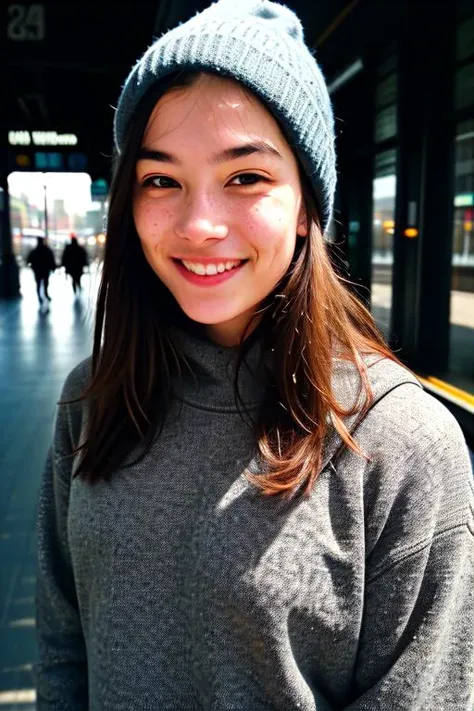 1 woman ((upper body selfie, happy)), masterpiece, best quality, ultra-detailed, solo, outdoors, (night), train station, cheerful, happy, backpack, water bottle, sweater, hat, urban, smoke, shadows, contrast, clear sky, analog style (look at viewer:1.2) (skin texture) (film grain:1.3), (warm hue, warm tone:1.2), close up, cinematic light, sidelighting, ultra high res, best shadow, RAW, upper body, wearing pullover