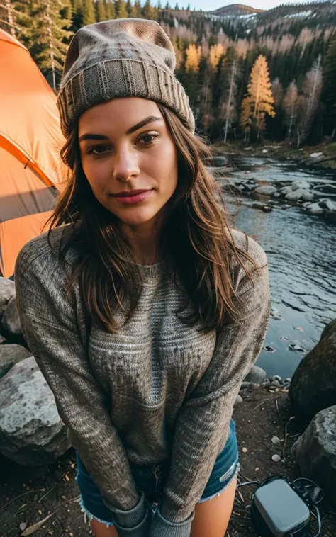 1 woman ((upper body selfie, happy)), masterpiece, best quality, ultra-detailed, solo, outdoors, (night), mountains, nature, (stars, moon) cheerful, happy, backpack, sleeping bag, camping stove, water bottle, mountain boots, gloves, sweater, hat, flashlight, forest, rocks, river, wood, smoke, shadows, contrast, clear sky, analog style (look at viewer:1.2) (skin texture) (film grain:1.3), (warm hue, warm tone:1.2), close up, cinematic light, sidelighting, ultra high res, best shadow, RAW, upper body, wearing pullover