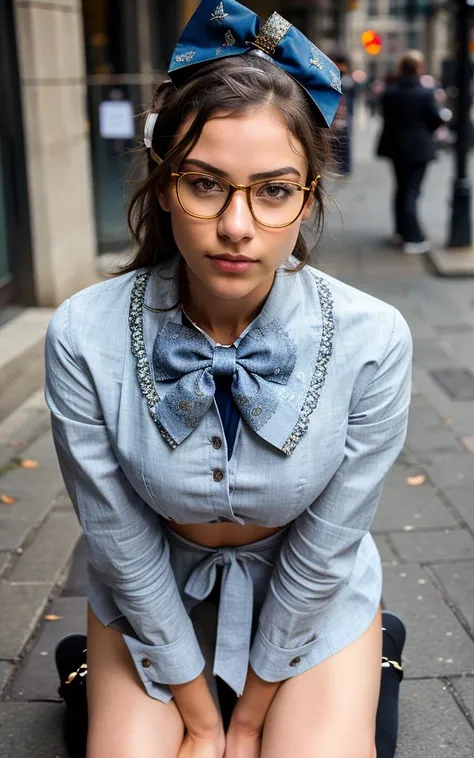 1girl, masterpiece, best quality, 8k, detailed skin texture, detailed cloth texture, beautiful detailed face, intricate details, ultra detailed, Kneeling on the street, dynamics, expression,Glasses, (a bow on her head:1.1), upper body