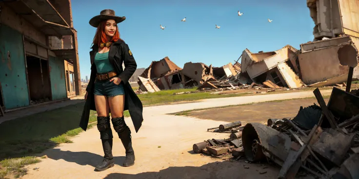 <lora:cragsand:0.70>, 1girl, belt, black coat, black footwear, black shorts, boots, breasts, cape, coat, full body, hat, looking_at_viewer, open_clothes, short_hair, solo, standing, ((solo)), ginger hair, green eyes, photo, 8k uhd, dslr, soft lighting, high quality, Fujifilm XT3, cowboy hat, photo, professional, accurate figure, aesthetically pleasing, correct hands, post apocalyptic, desert wasteland background, best quality, portrait, (masterpiece, top quality, best quality), trending on artstation, looking at you, portrait, jacket, swedish redhead, (kneepads:1.2), seductive, (beautiful:1.3), calm, shadow covering face, city in ruins,belt across chest, light skin tone, wide hips, belts squishing breasts, ruins in background, ginger hair, belt armor, sexy, city in ruins in background, medium hair length