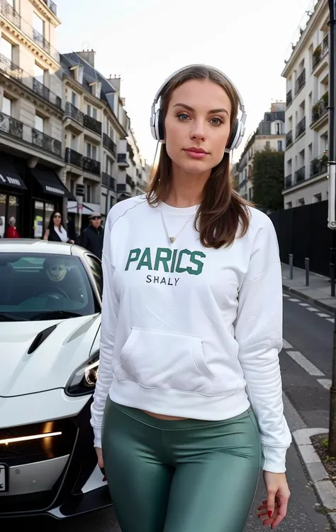 8k, 30 years old Canadian woman,skinny average body, wearing white sweatshirt, wearing green leggings, standing near to a sports car, background is empty Paris street, looking at the car, white over-the-head headphones, far up view, afternoon